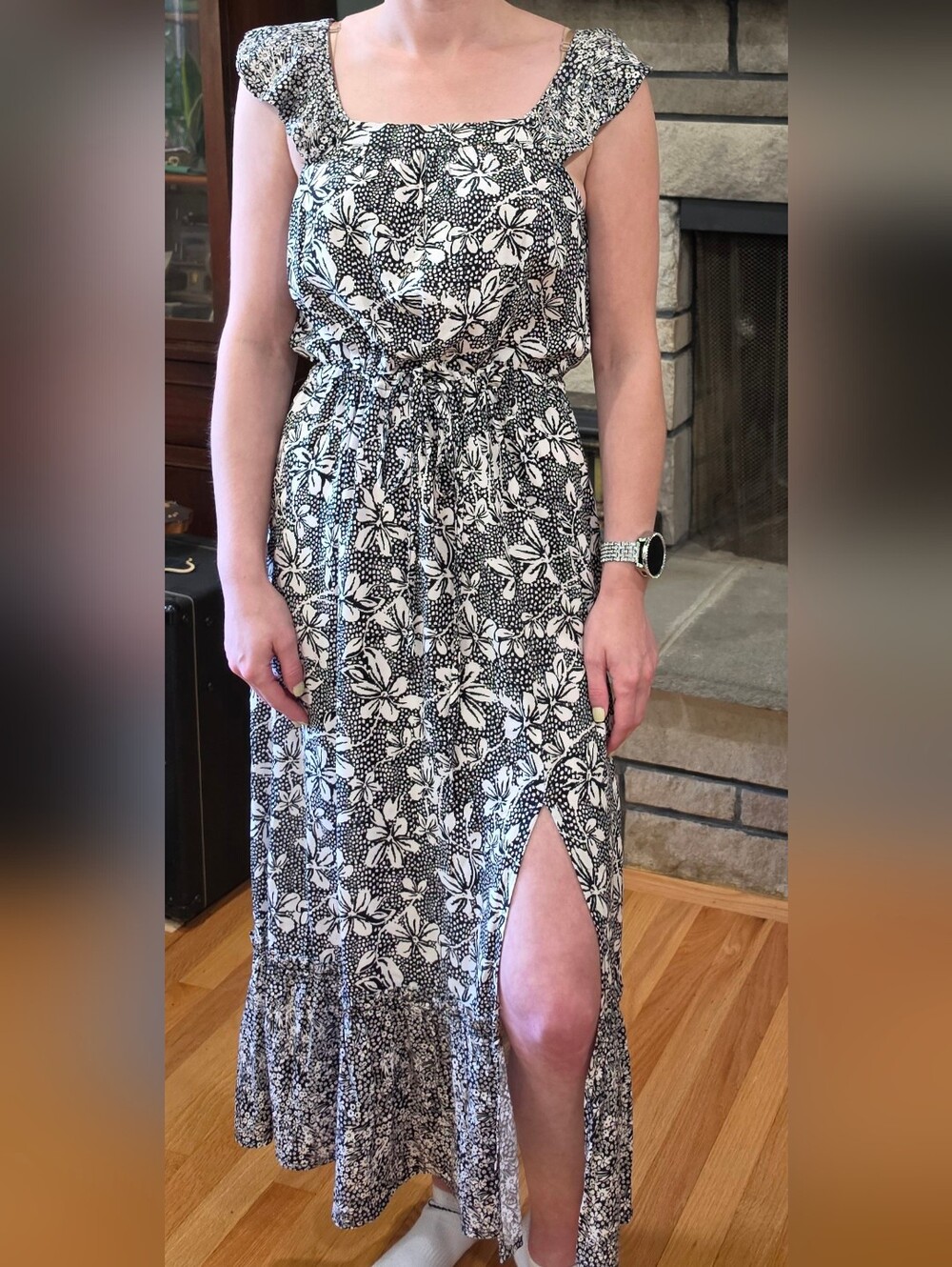 Floral Black & White Maxi Dress with Side Slit